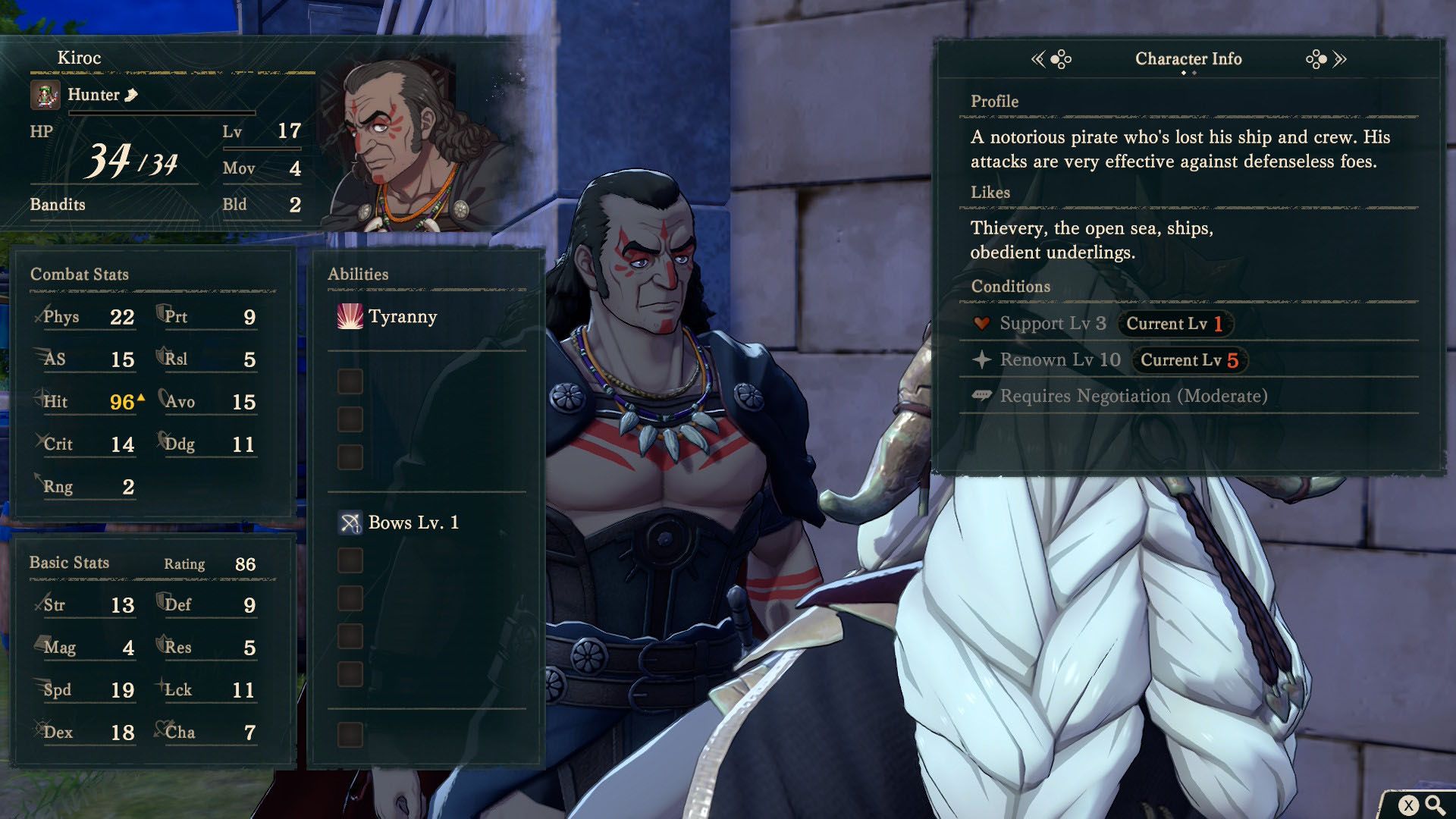 A Fire Emblem: Fortune's Weave screenshot showing Kiroc's profile screen