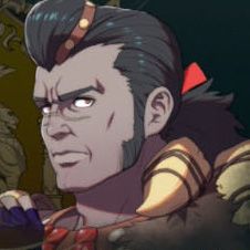 A man with a scar across his nose and black hair tied into a tight ponytail in Fire Emblem: Fortune's Weave