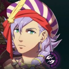 A man with purple hair under a bard-like striped hat in Fire Emblem: Fortune's Weave