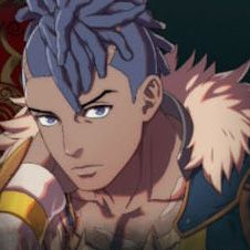 A man with shaved sides and dark blue dreadlocks on top of his head in Fire Emblem: Fortune's Weave
