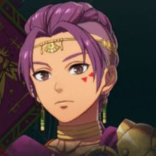 A person with purple hair, shaved on the sides, and small red facial markings in Fire Emblem: Fortune's Weave