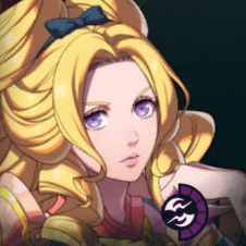 A blonde woman with lots of curls and hair tied up with a bow in Fire Emblem: Fortune's Weave