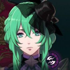 A woman in teal-green hair with a dark large hair accessory in Fire Emblem: Fortune's Weave