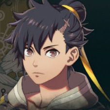 A person with black spikey hair tied back with a yellow ribbon in Fire Emblem: Fortune's Weave