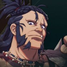 A burly man with mutton chops and dark long hair pulled back in Fire Emblem: Fortune's Weave