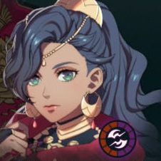 A woman with wavy dark blue hair, green eyes, and golden accessories in Fire Emblem: Fortune's Weave