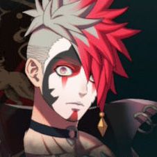 A man in clown-like make up with a spikey red and grey hairdo with one half shaved in Fire Emblem: Fortune's Weave