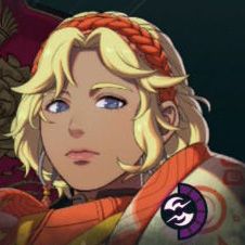 A woman with short wavy blonde hair with a orange braid accessory going across the top in Fire Emblem: Fortune's Weave