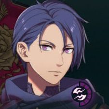 A person with short dark blue hair and purple eyes in Fire Emblem: Fortune's Weave