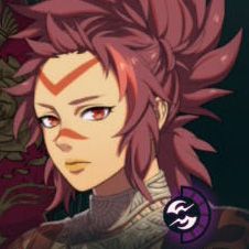 A woman with wild spikey red hair, with red face markings in Fire Emblem: Fortune's Weave