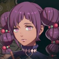 A girl with purple bangs and pigtails separated into bubble segments in Fire Emblem: Fortune's Weave