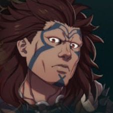 A man with thick long brown hair and dark markings around his face in Fire Emblem: Fortune's Weave
