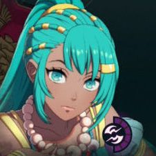 A woman with bright teal hair and gold rings adorning her braids in Fire Emblem: Fortune's Weave