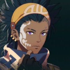 A man with white skull-like markings on half his face with an orange bandana pushing back spikey black hair in Fire Emblem: Fortune's Weave