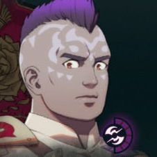 A man with light facial markings around the top half of his face and a purple mohawk in Fire Emblem: Fortune's Weave