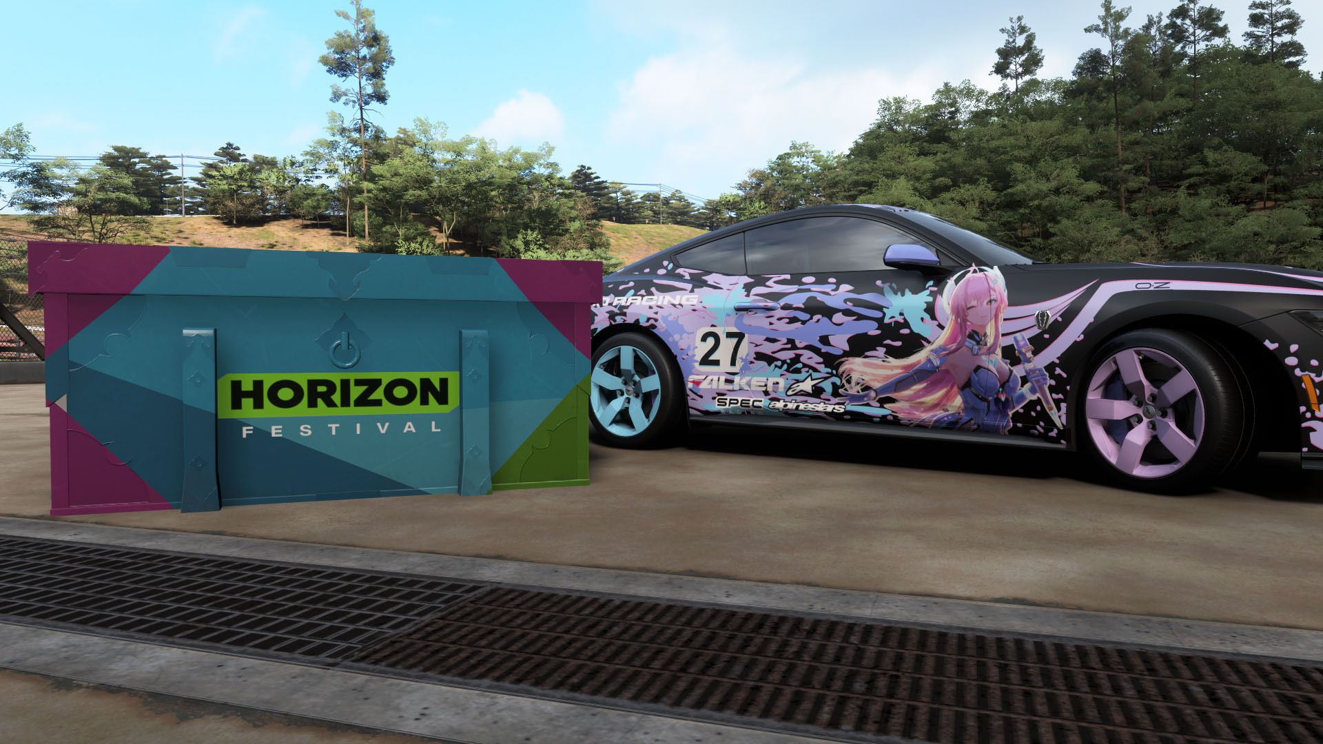 A car with with a colorful design beside a Horizon Festival box in Forza Horizon 6.