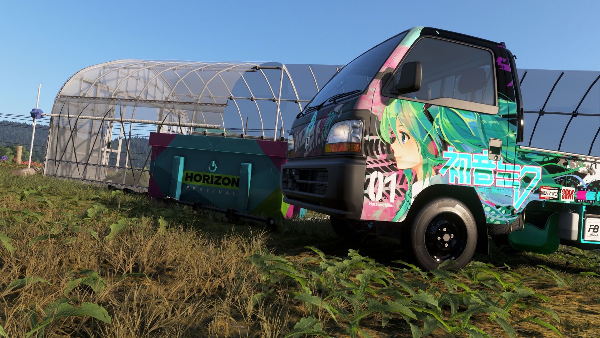 A truck parked beside a box and a greenhouse in Forza Horizon 6.