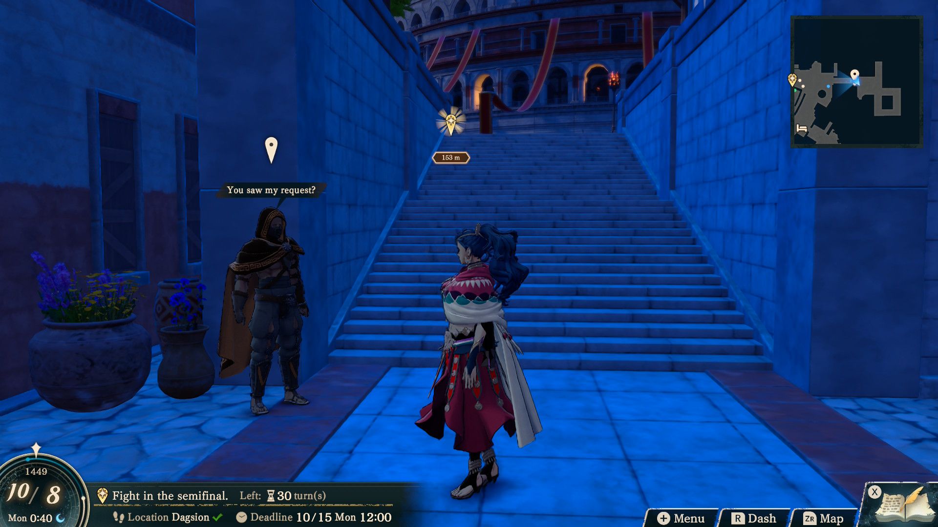 Leda speaking with the DLC weapon quest giver in Fire Emblem Fortune's Weave