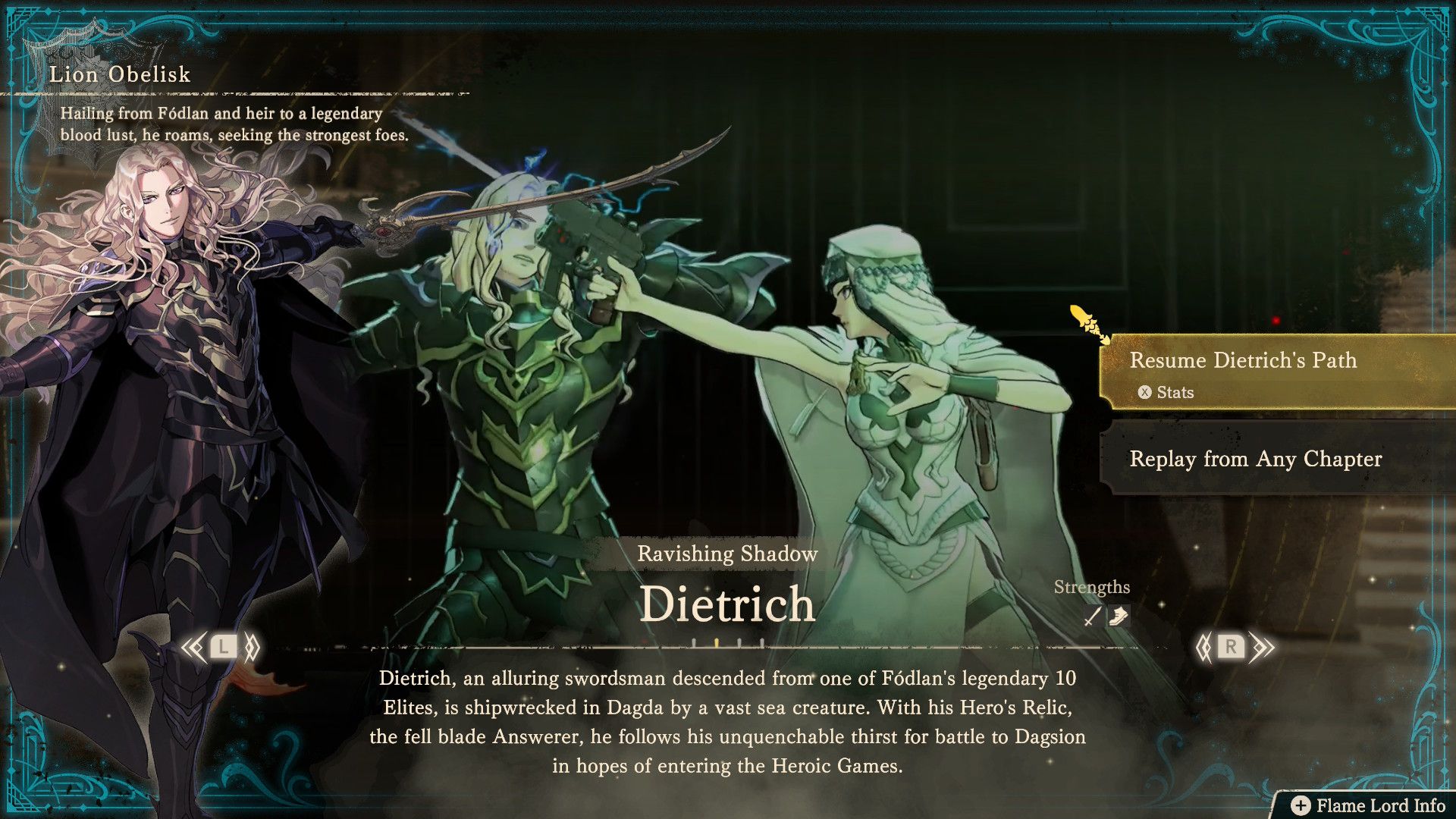 Dietrich's character selection menu in Fire Emblem Fortune's Weave