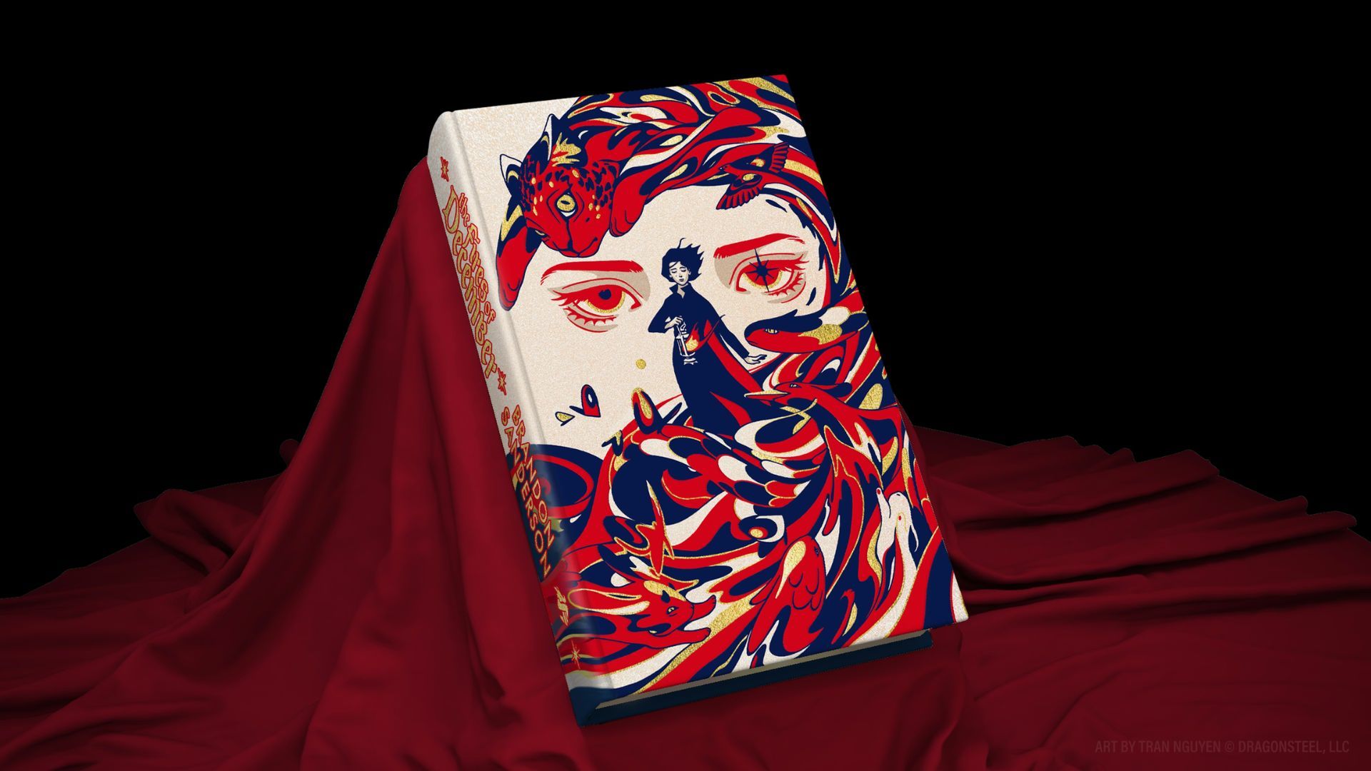 An image of a new novel from Brandon Sanderson's next project, The Fires of December. It is a white novel with a splash of red,blues and blacks that spread out like a sea. The sea transforms into a cat-like shape, where a young woman stands among the waves. Red eyes stare out at the reader.