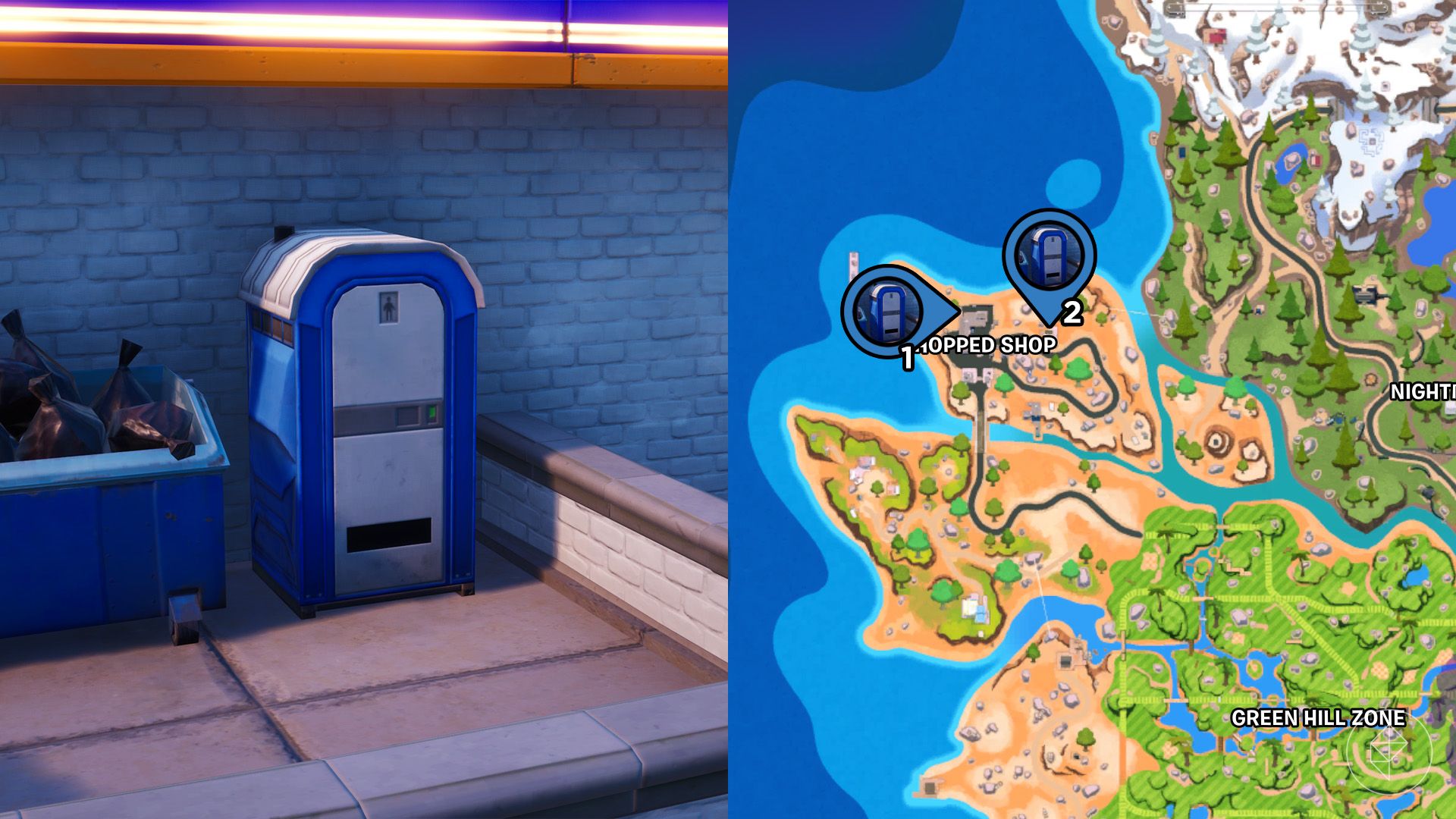 A flusher, which is a port-a-potty in Fortnite, and two flusher locations marked on a map.