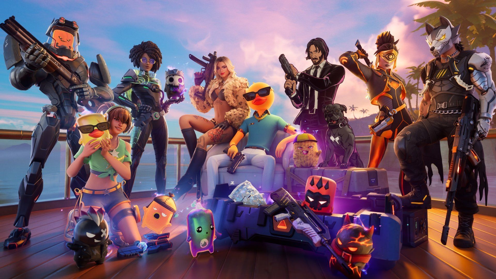 The Fortnite Chapter 7 Season 3 battle pass skins lined up along with a bunch of miniature creatures named sprites.
