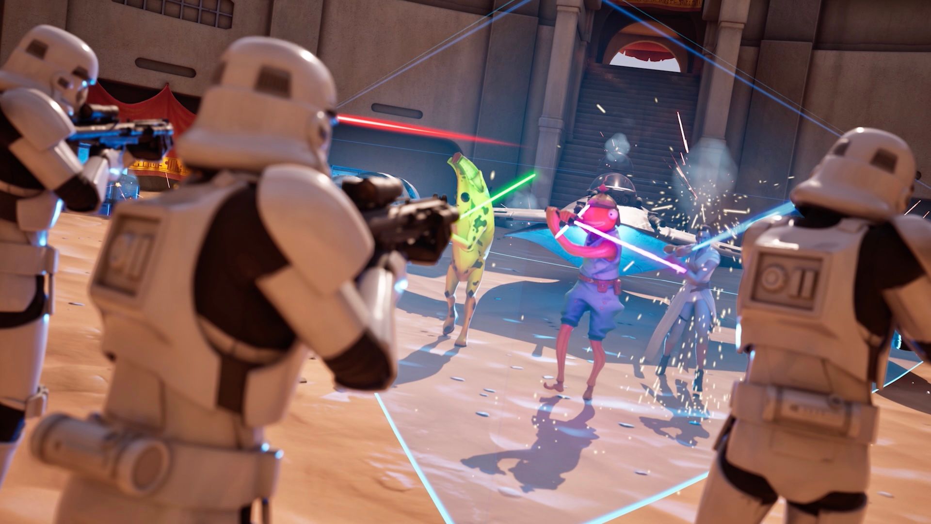 Fortnite x Star Wars UEFN update showing Stormtroopers firing at Peely, Fishstick and Rey