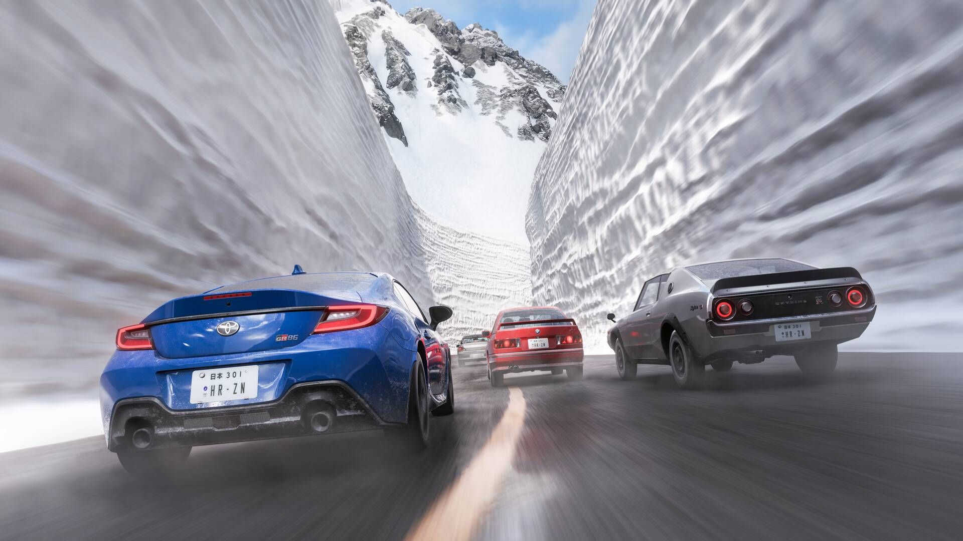 Four cars in Forza Horizon 6 driving through a snow corridor.