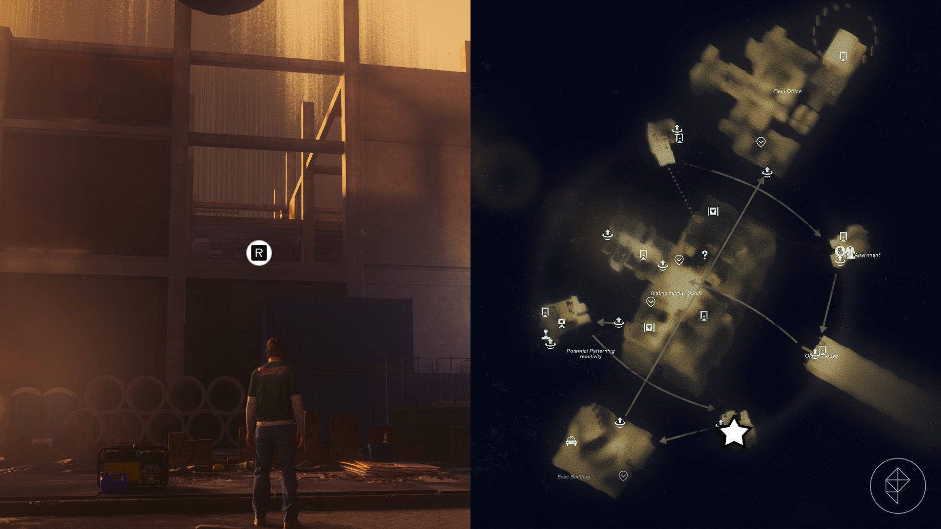 Dylan standing outside of a construction site on an island in the Unknown in Control Resonant.