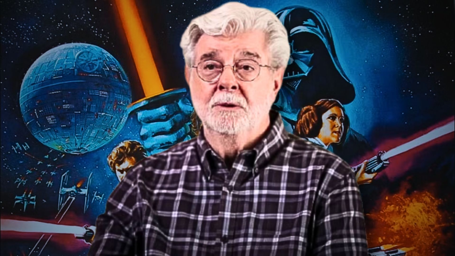 star wars poster with george lucas over it.