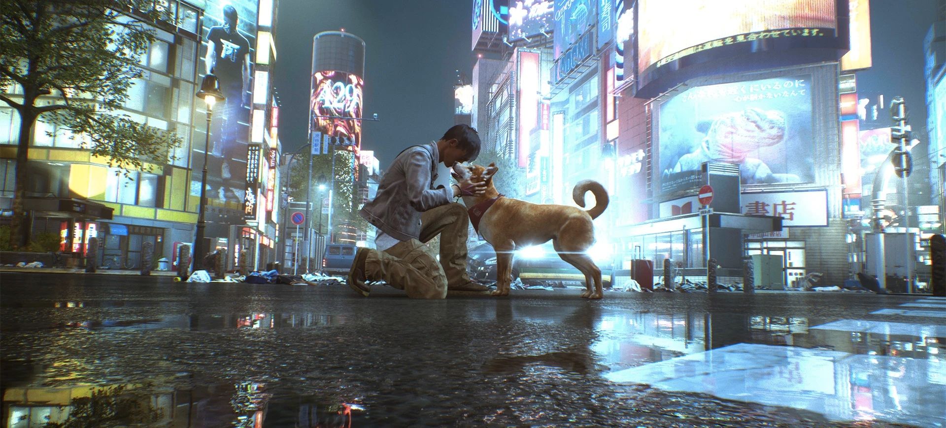 A man pets a dog on the rainy nighttime streets of Tokyo in a screenshot from Ghostwire: Tokyo
