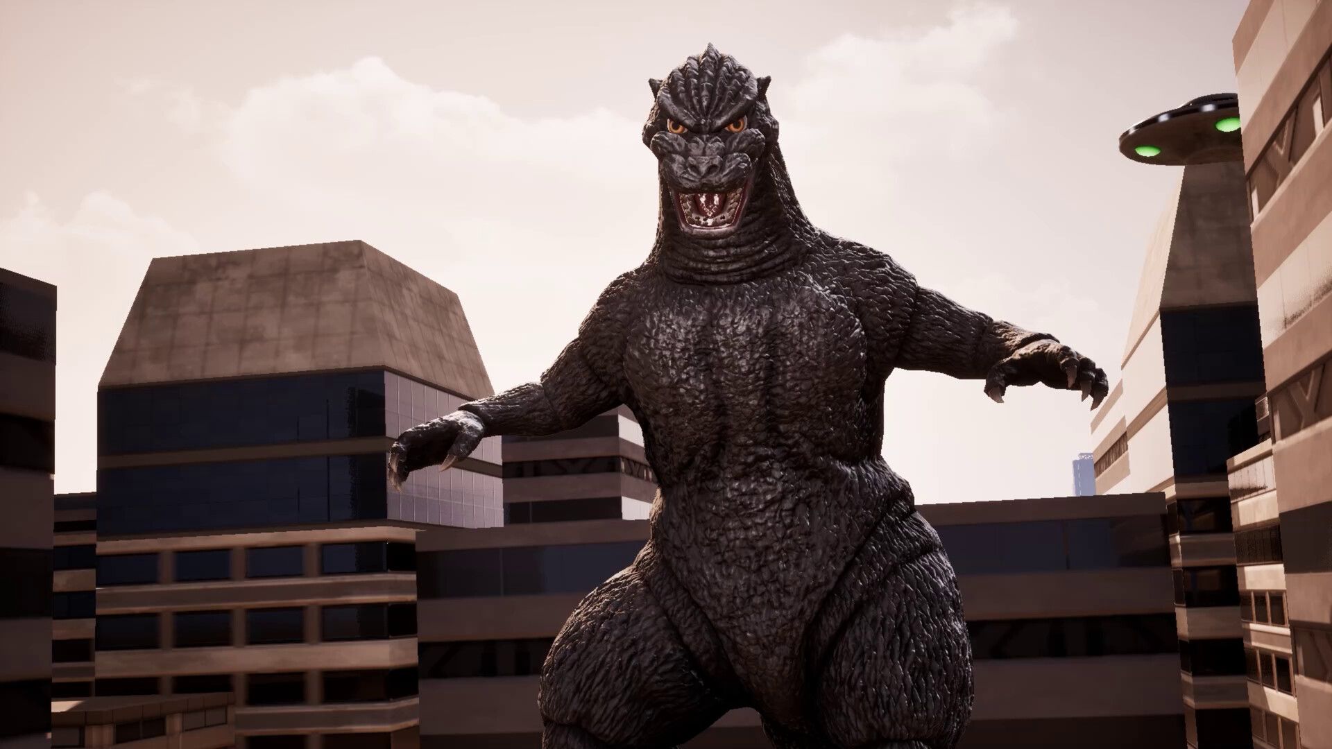 Godzilla stands tall in Godzilla: Destroy All Monsters Melee.