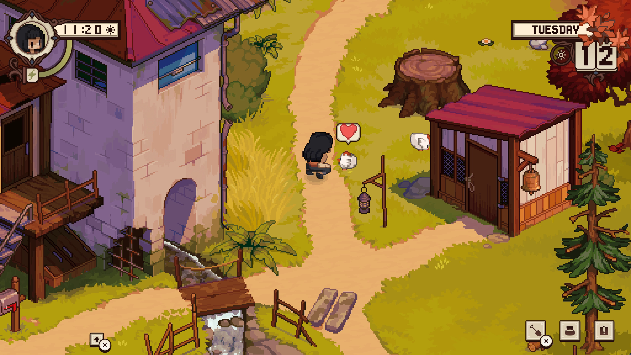 The protagonist being kind to a chicken in Grave Seasons