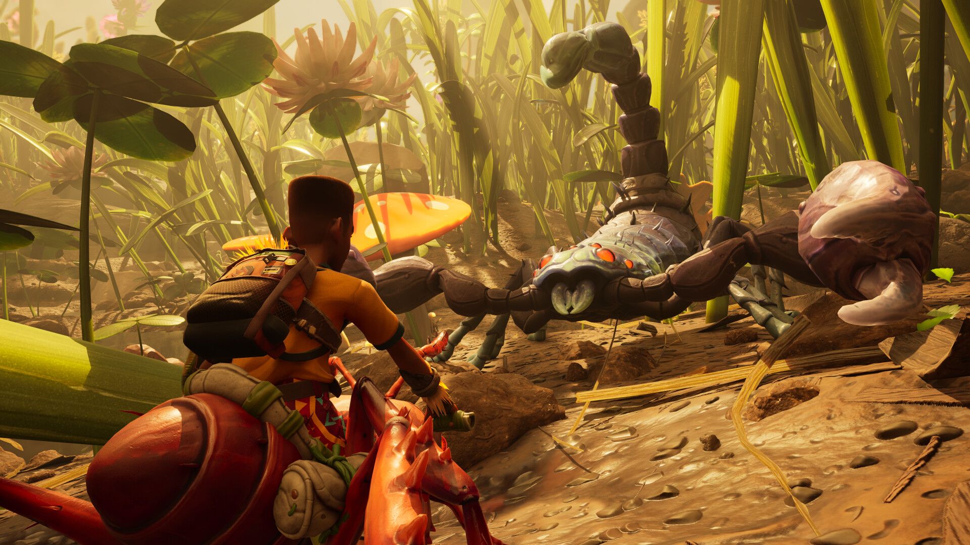A child riding a bug faces off against a scorpion in Grounded 2.