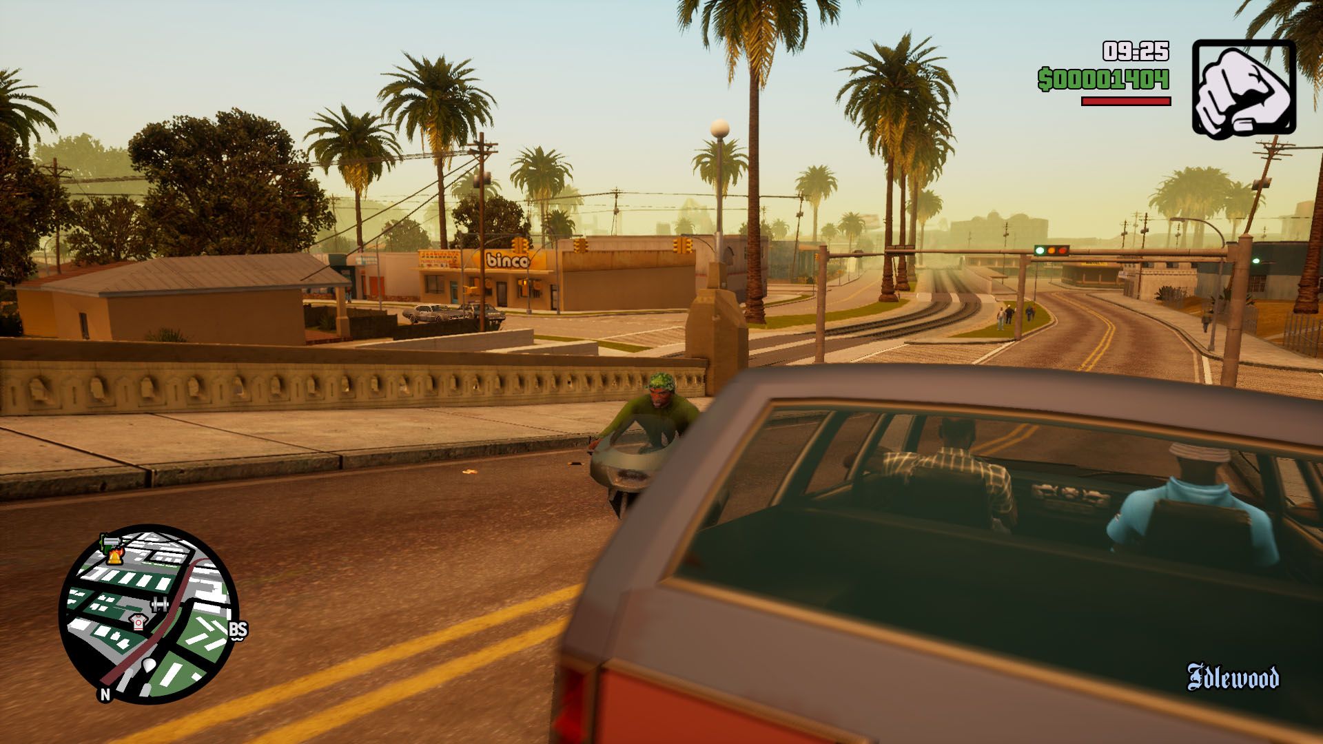 A GTA San Andreas screenshot showing CJ on a bike