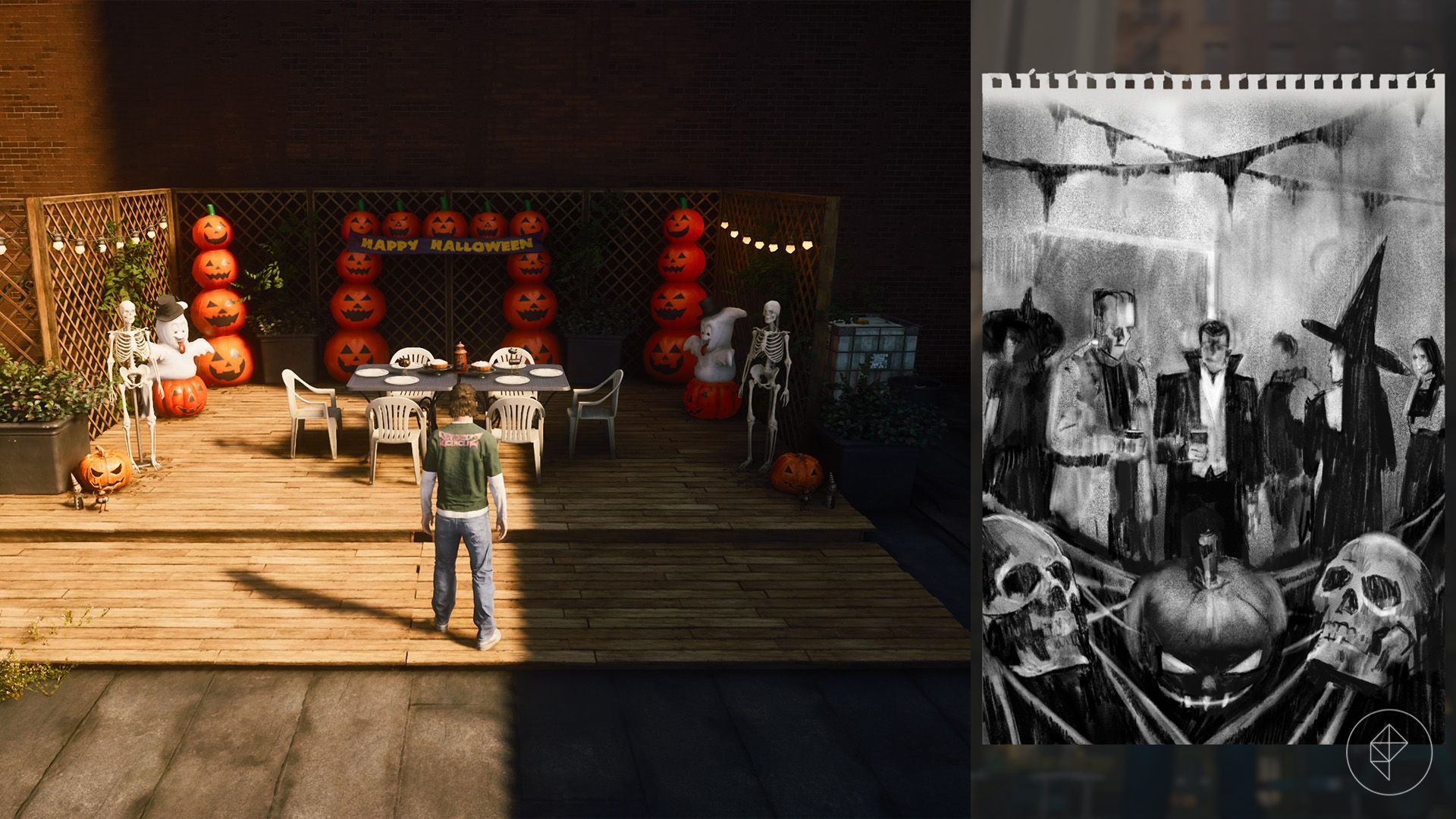 Dylan standing in front of an outdoor halloween party along with a drawing of people in costume in Control Resonant.