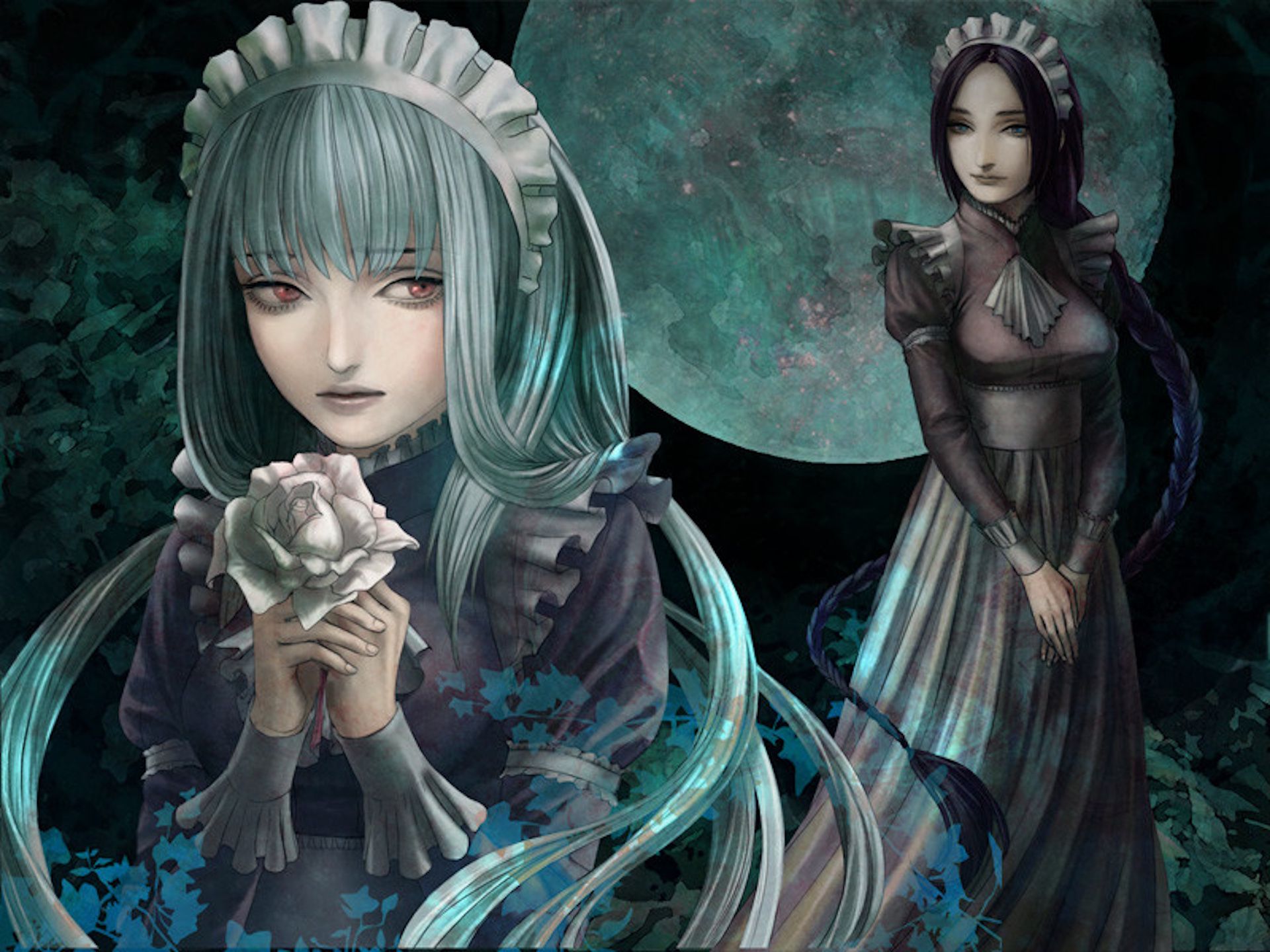 The maid and the white-haired girl in The House in Fata Morgana