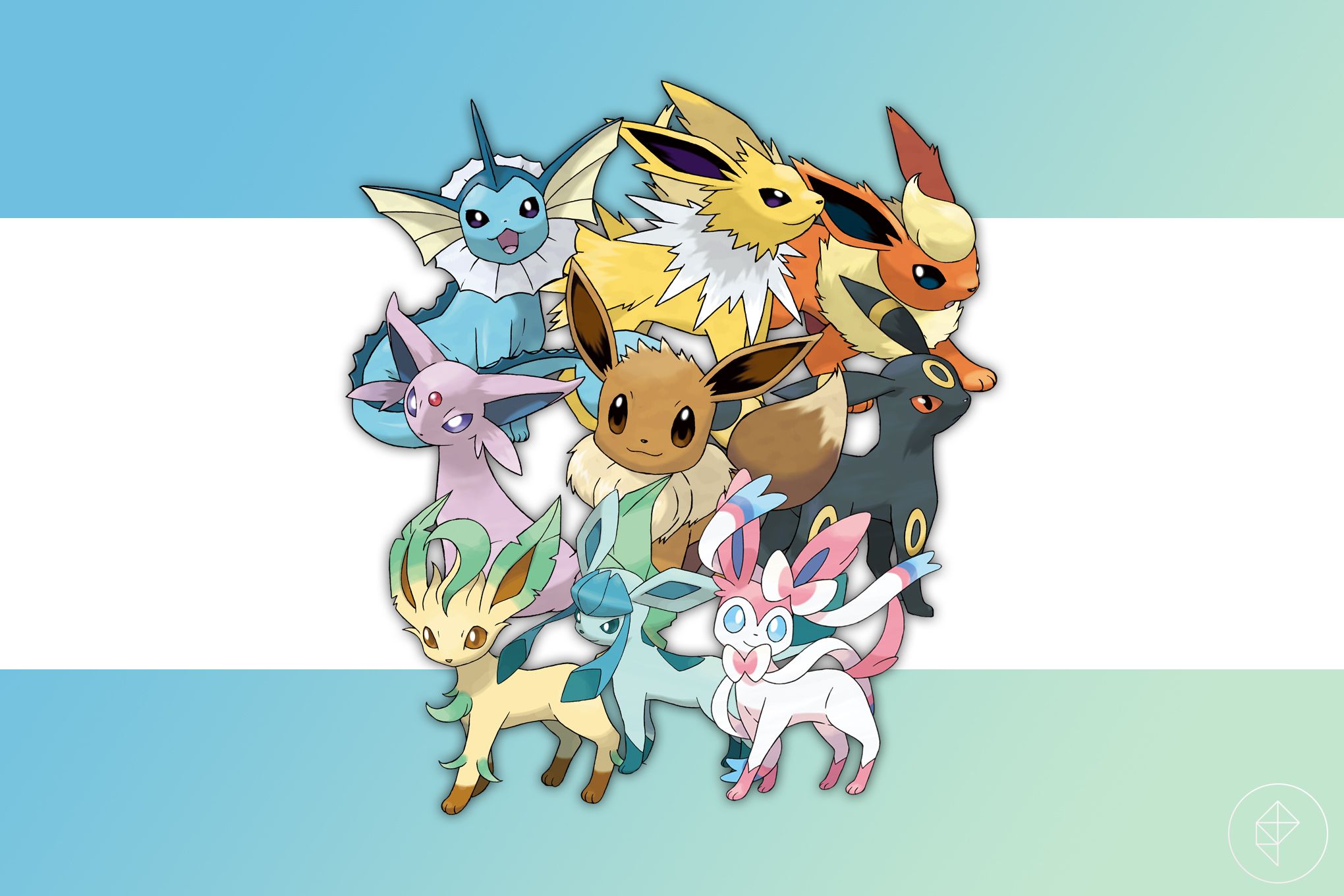 Eevee surrounded by its evolved siblings on a blue and green gradient background