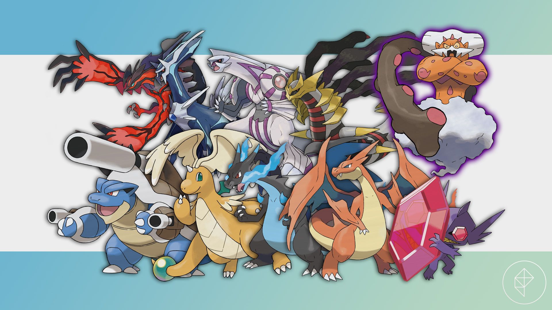 Yveltal, Dialga, Palkia, Mega Blastoise, Mega Dragonite, and several others across a blue and green gradient