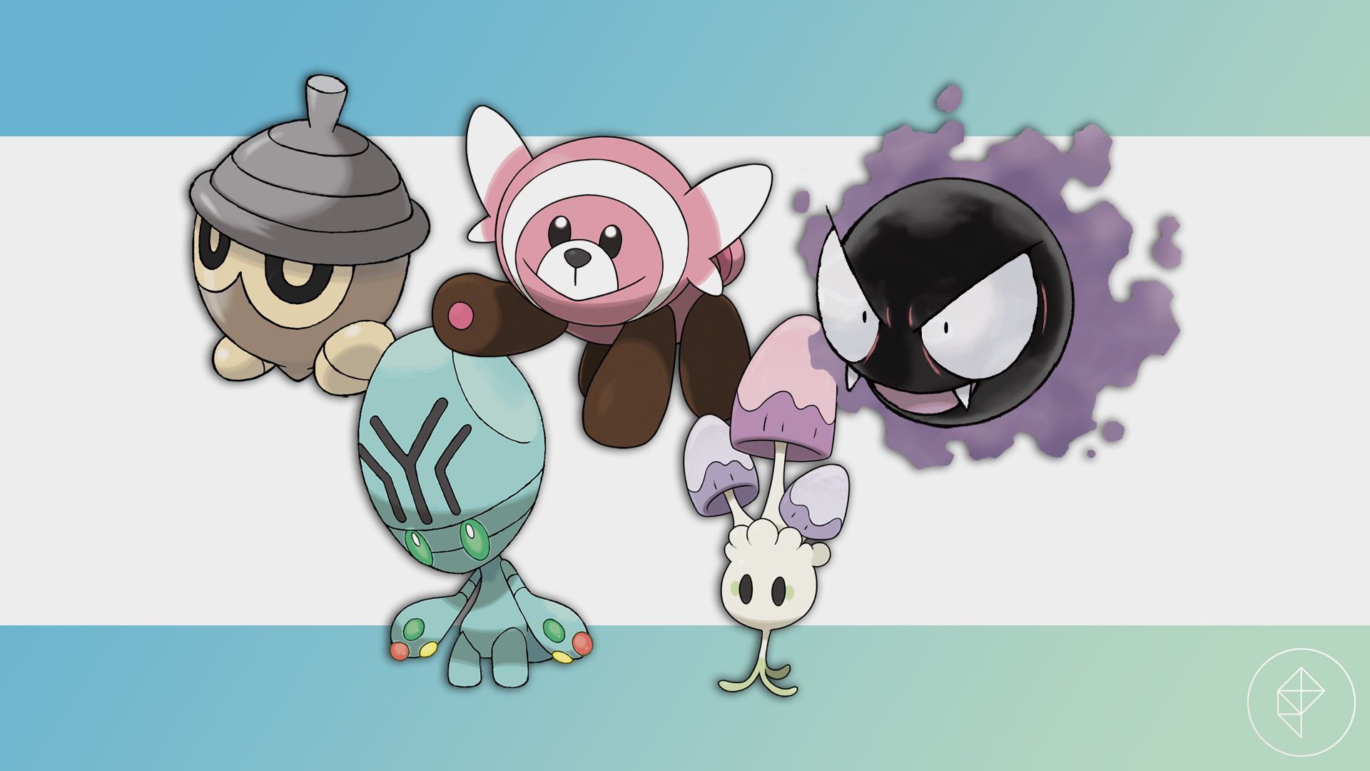 Seedot, Elgyem, Stufful, Morelull, and Gastly on a gradient background