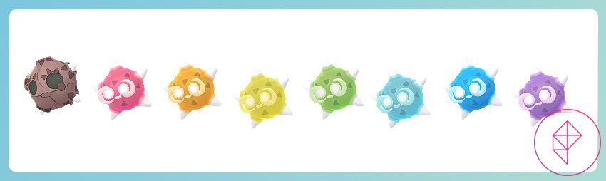 Minior and its various colored cores in Pokémon Go