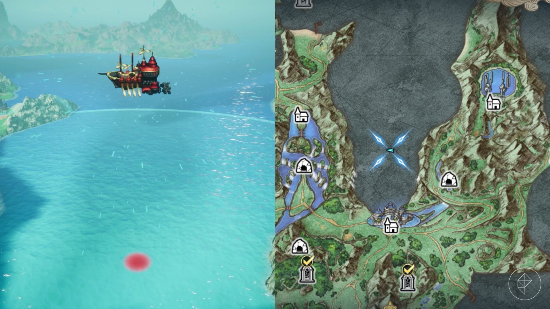 An airship above the water in Olderion in Final Fantasy Resonance.