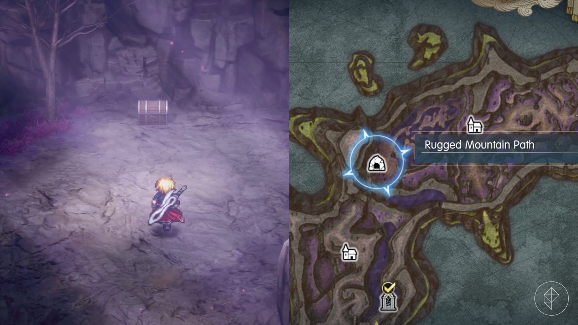 Rain approaches a chest off to the side of the Rugged Mountain Path in Final Fantasy Resonance.