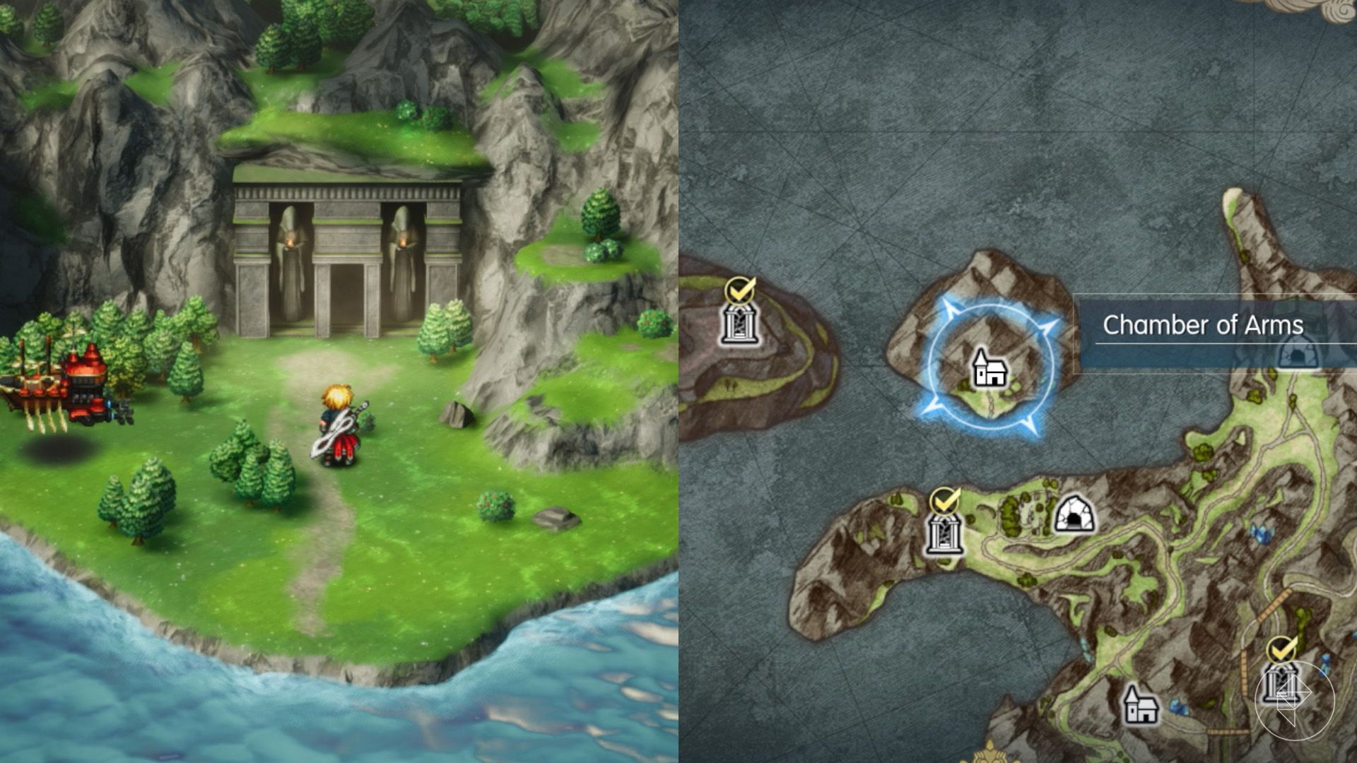 A split map showing Rain standing in front of a temple in Final Fantasy Resonance