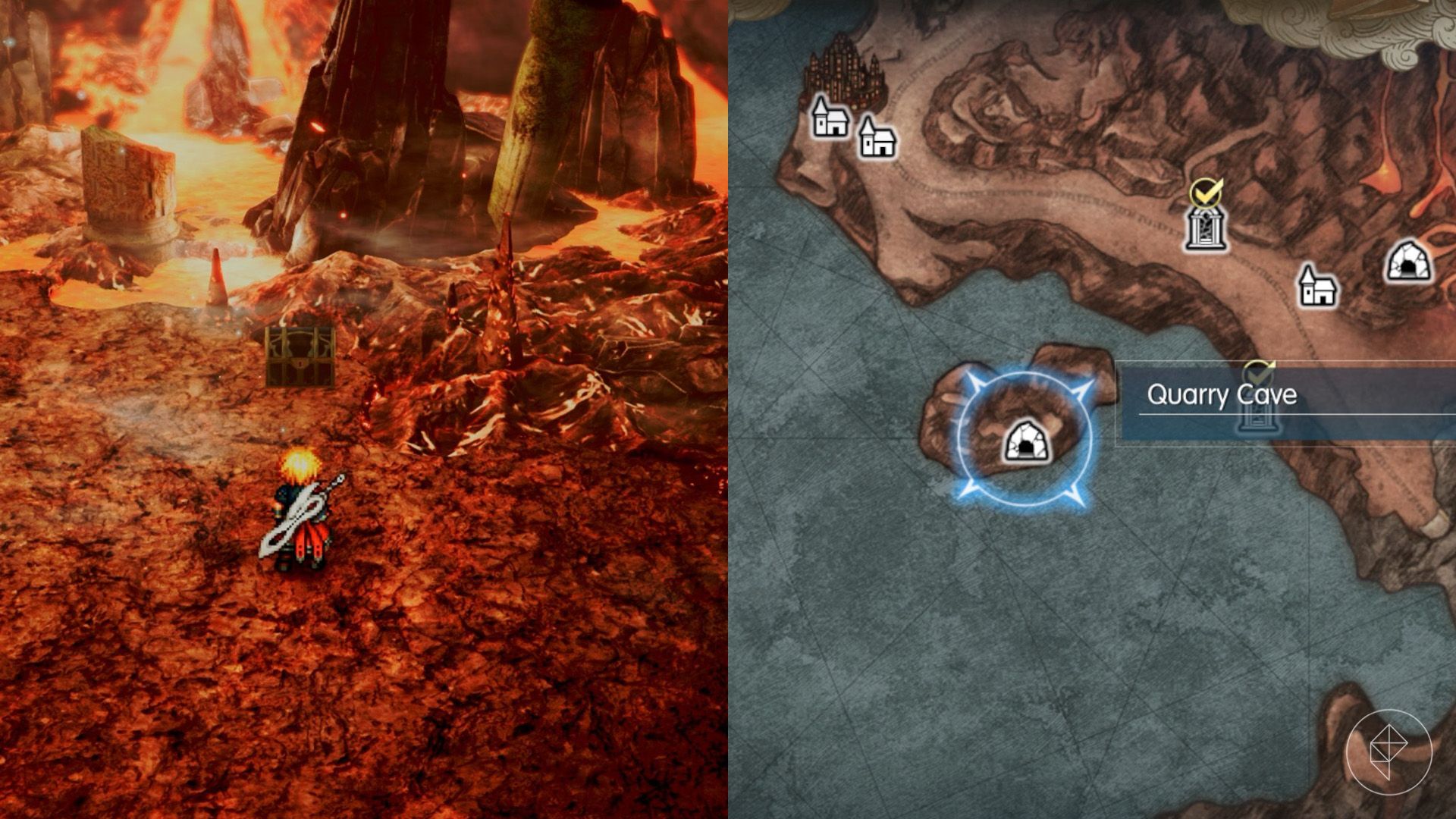 Rain approaches a chest in a lava-filled cave in Final Fantasy Resonance.