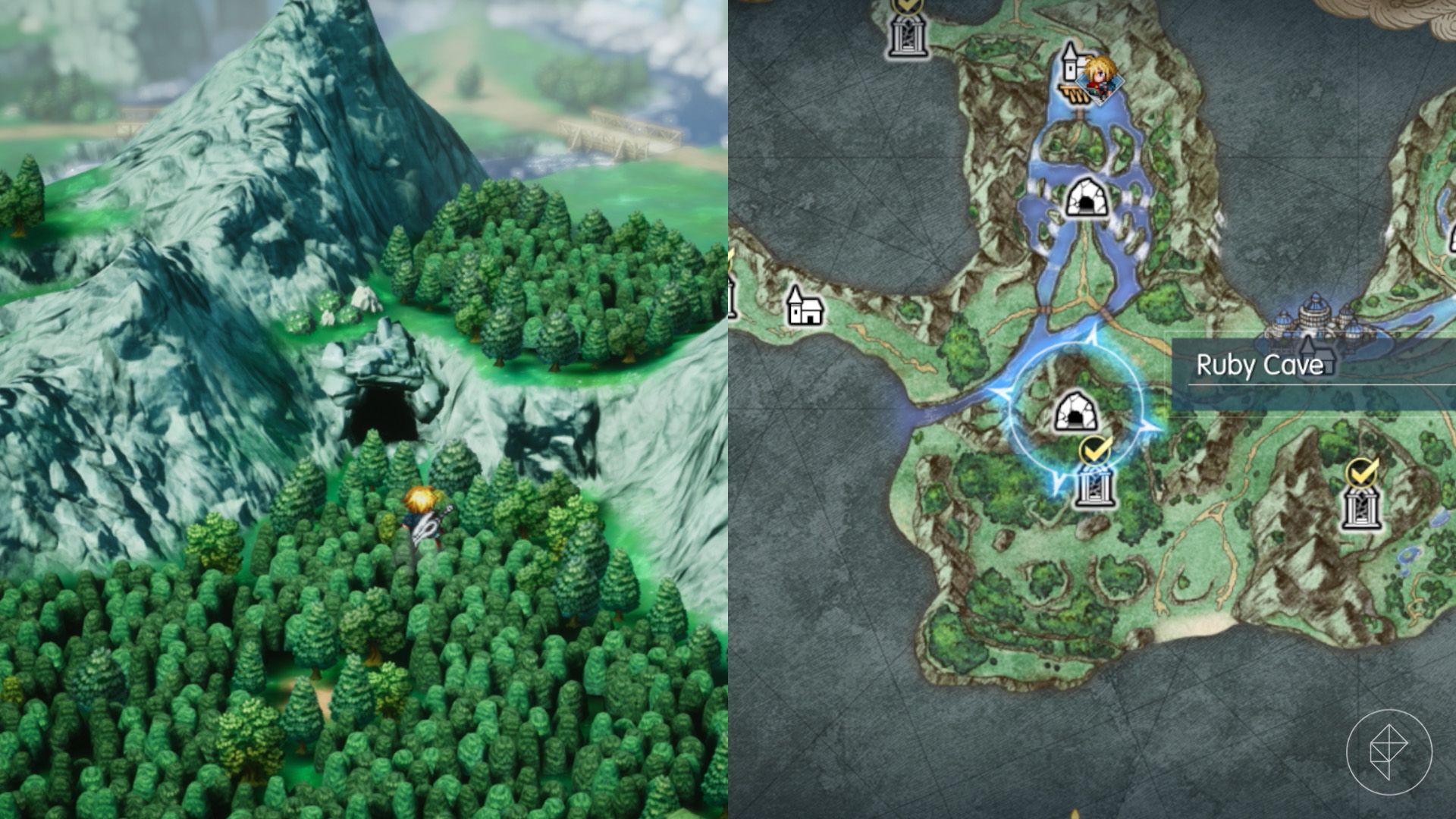 Rain approaches a cave behind a dense area of trees in Final Fantasy Resonance