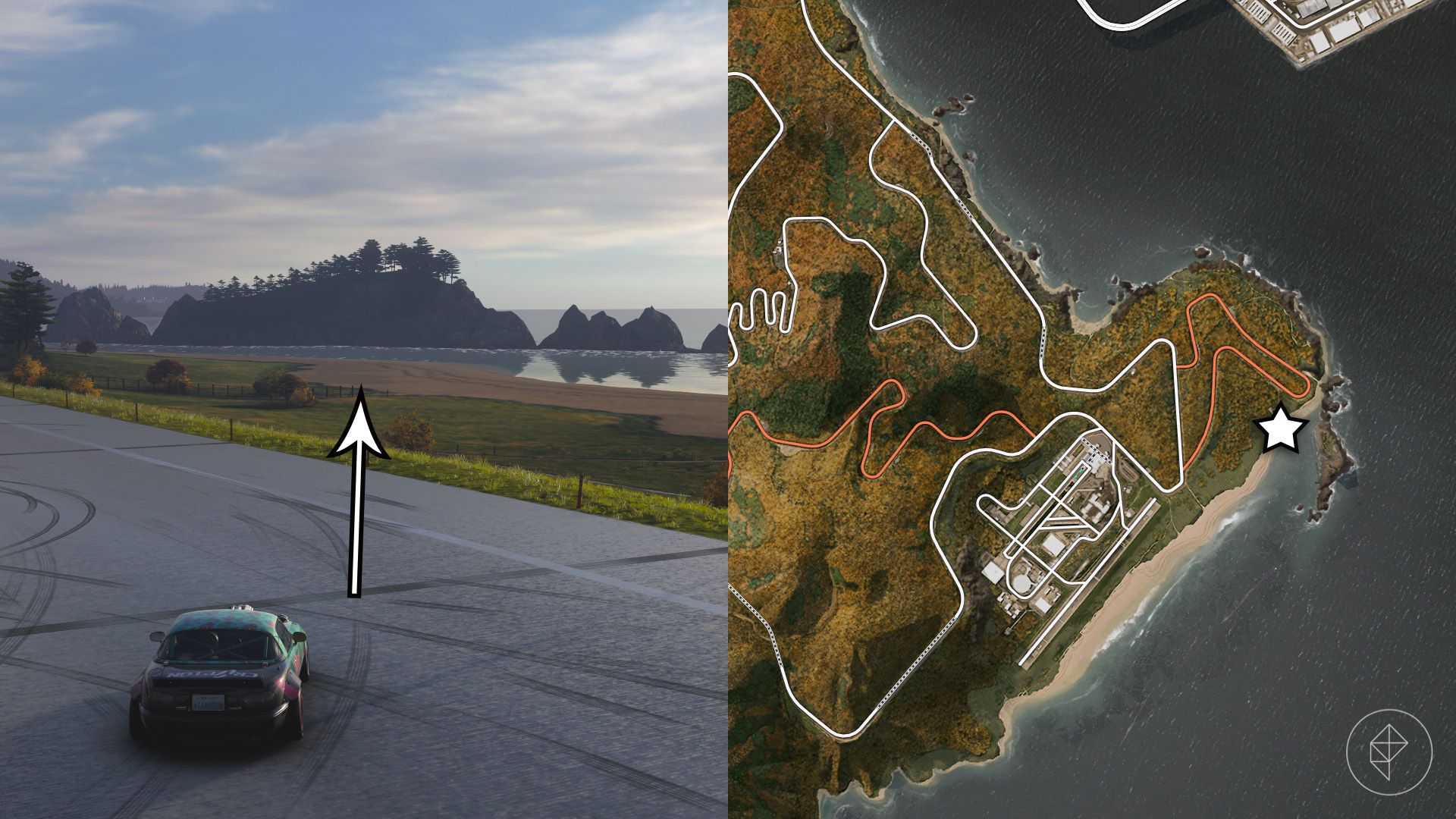 A car parked on a road looking toward a beach and a rock formation off the coast in Forza Horizon 6.