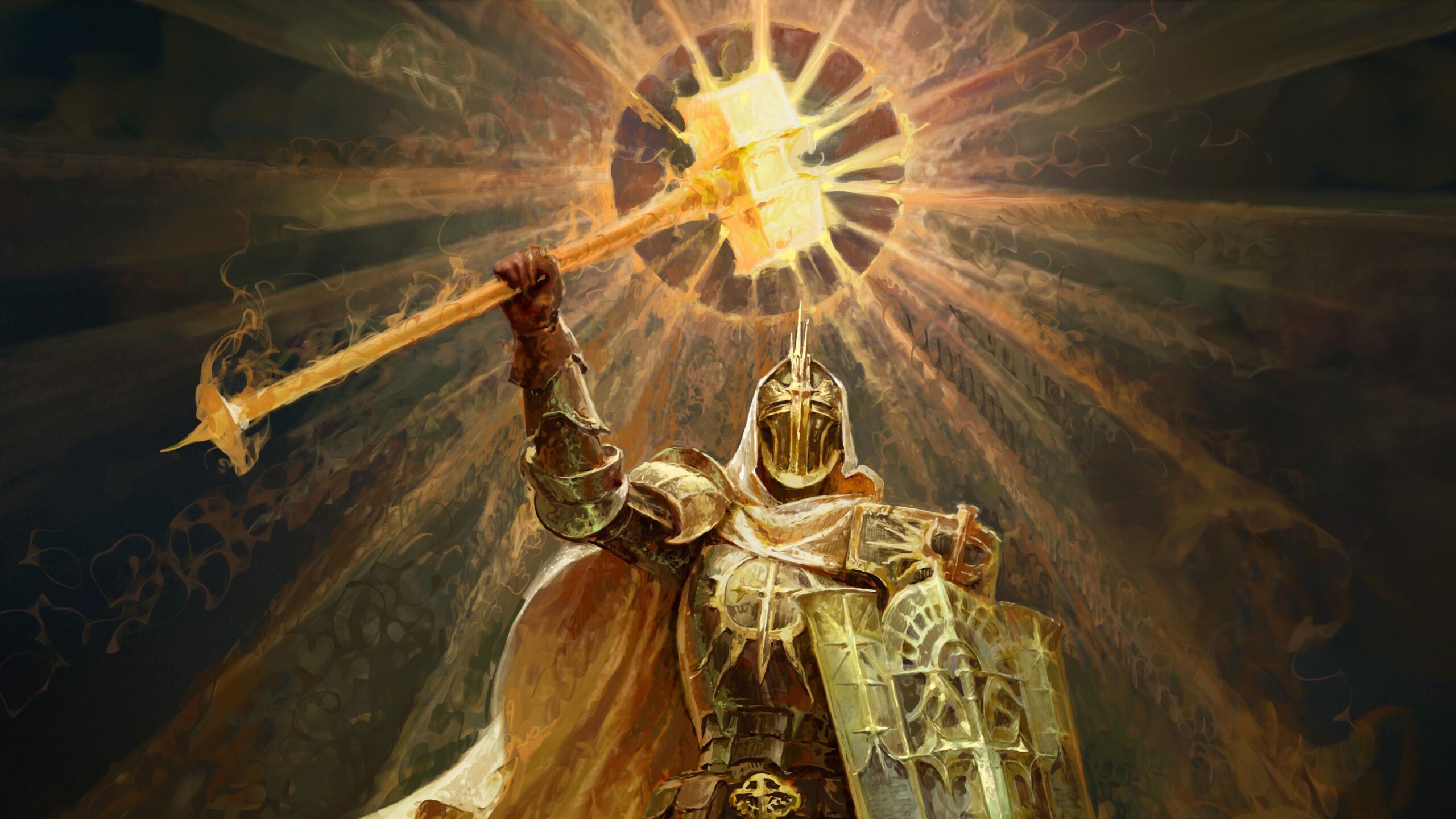 Art of Diablo 4's paladin holding a shield and holding up a holy hammer