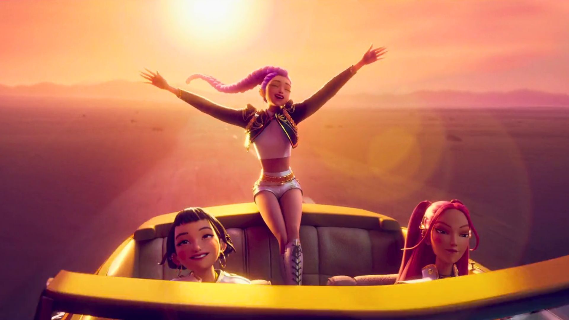 Screenshot of Rumi, Zoey, Mira from KPop Demon Hunters. Rumi sits on the back of a car, arms outstretched, across a golden background.