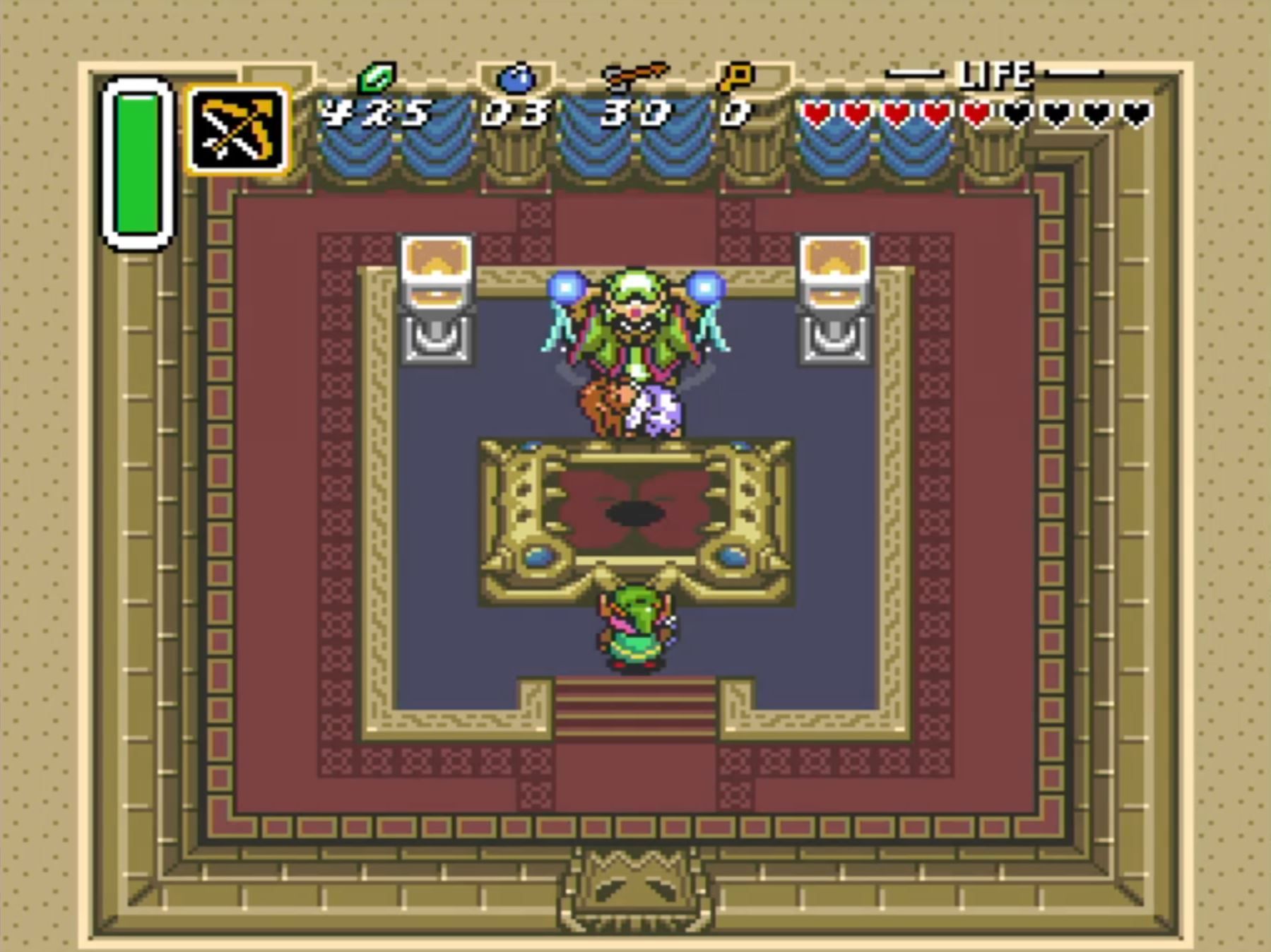 Link faces the wizard Agahnim in A Link to the Past